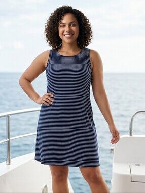 Jamie & Layla XL Navy Stripe Swing Dress Stretch Jersey Cruise Travel Nautical